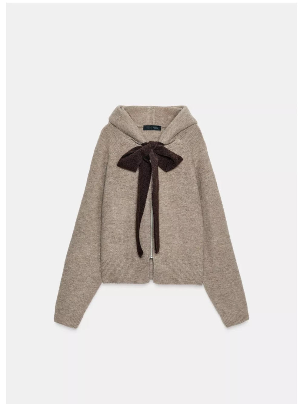 Zara Taupe Hooded Zip Cardigan with Dark Brown Bow